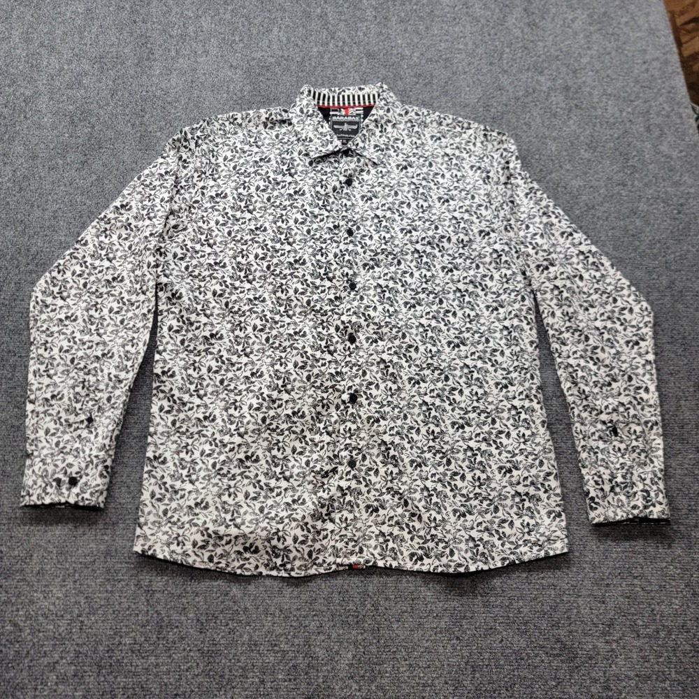 Barabas Mens XL White Black Floral‎ Print Long Sleeve Button Down Cotton Shirt
